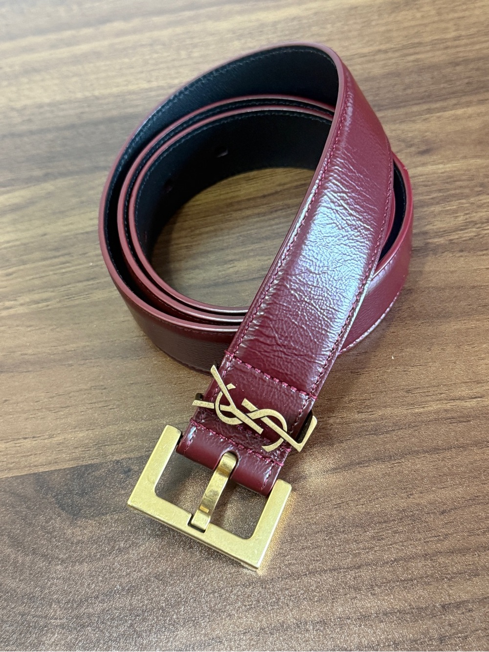 Yves Saint Laurent Burgundy Leather Belt with Gold YSL Buckle - Picture 4 of 13